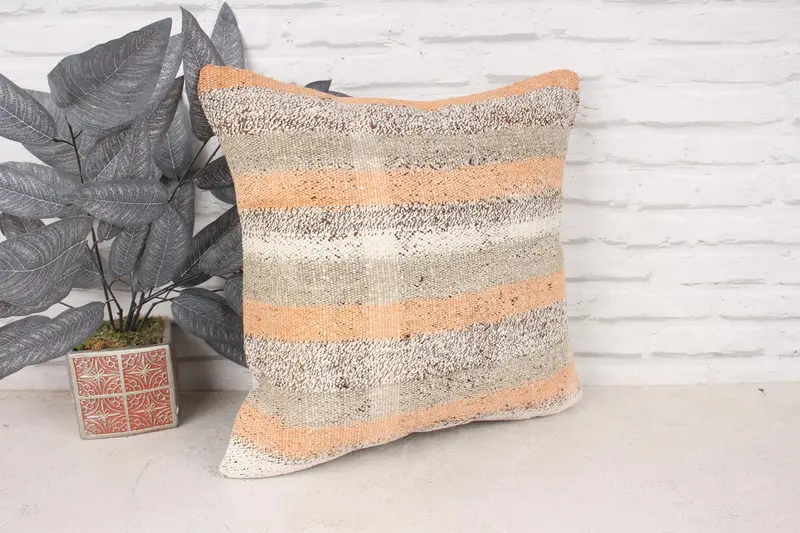 Boho Throw Pillow, 18x18 Orange Cushion Case, Pillow for Sofa, Pillow Sham, Handmade Kilim Cushion, Home Decor Pillow, Bed Pillow Cover - 3