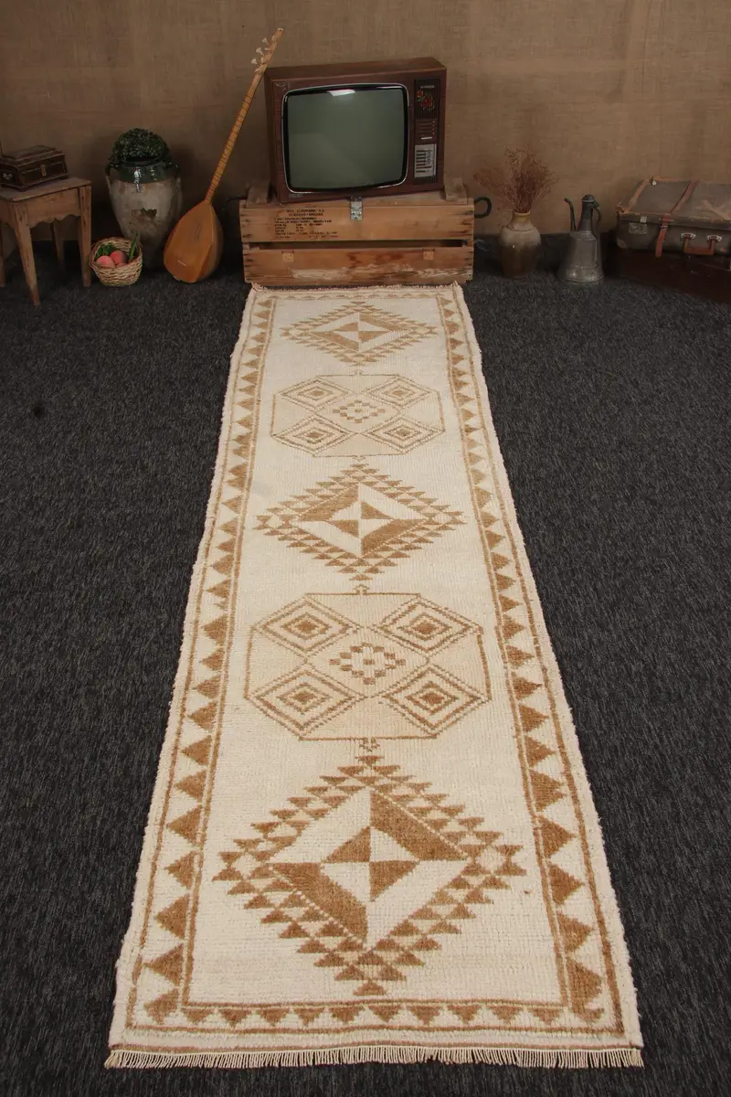 Turkish Vintage Runner Rug 3x11.2 ft, Herki Brown Wool Rug - 1