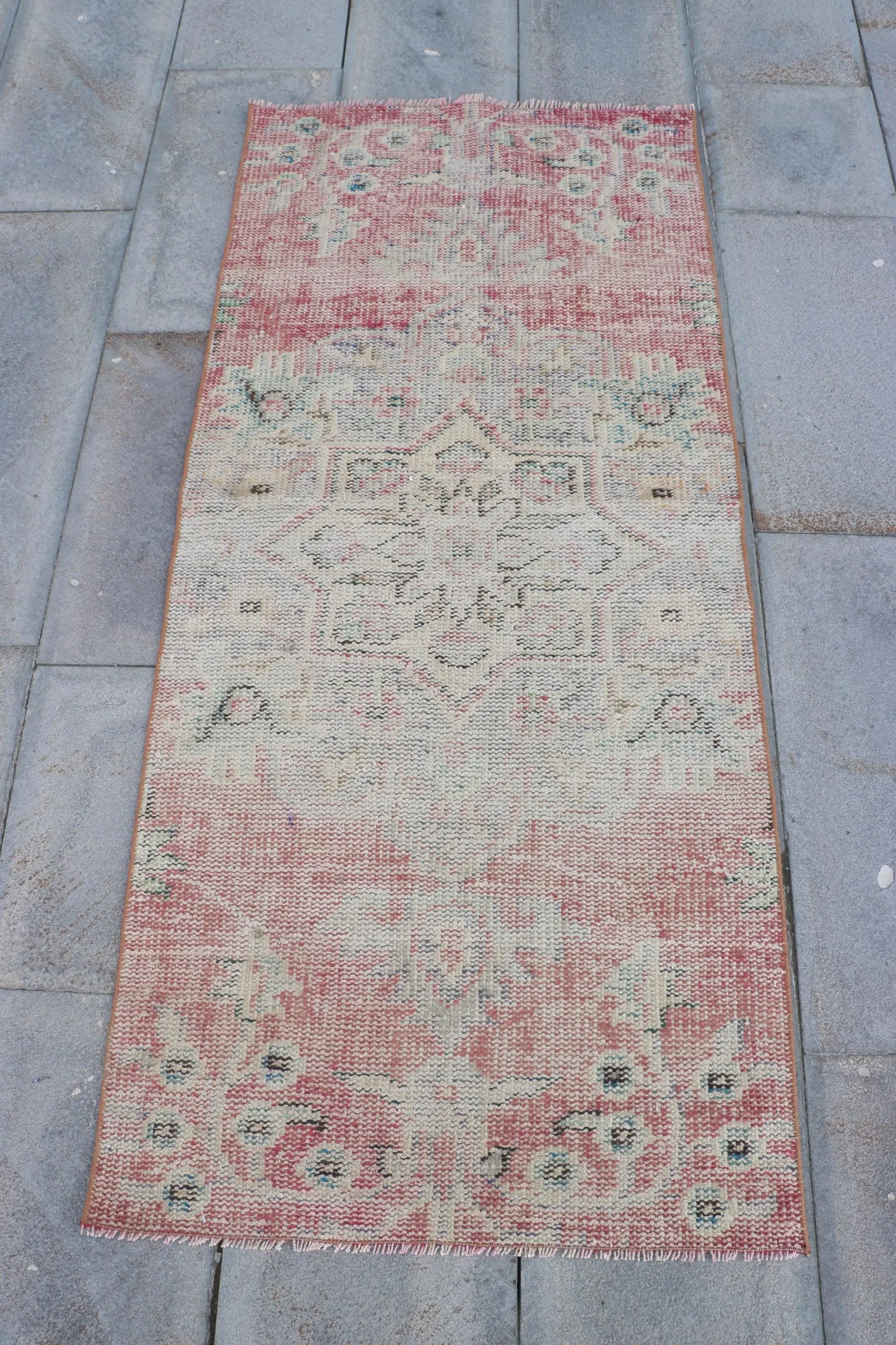 Vintage Turkish Rug, Small 2.4x5.4 ft (73x166 cm) Rug, Red Polka dot Wool Rug - 1