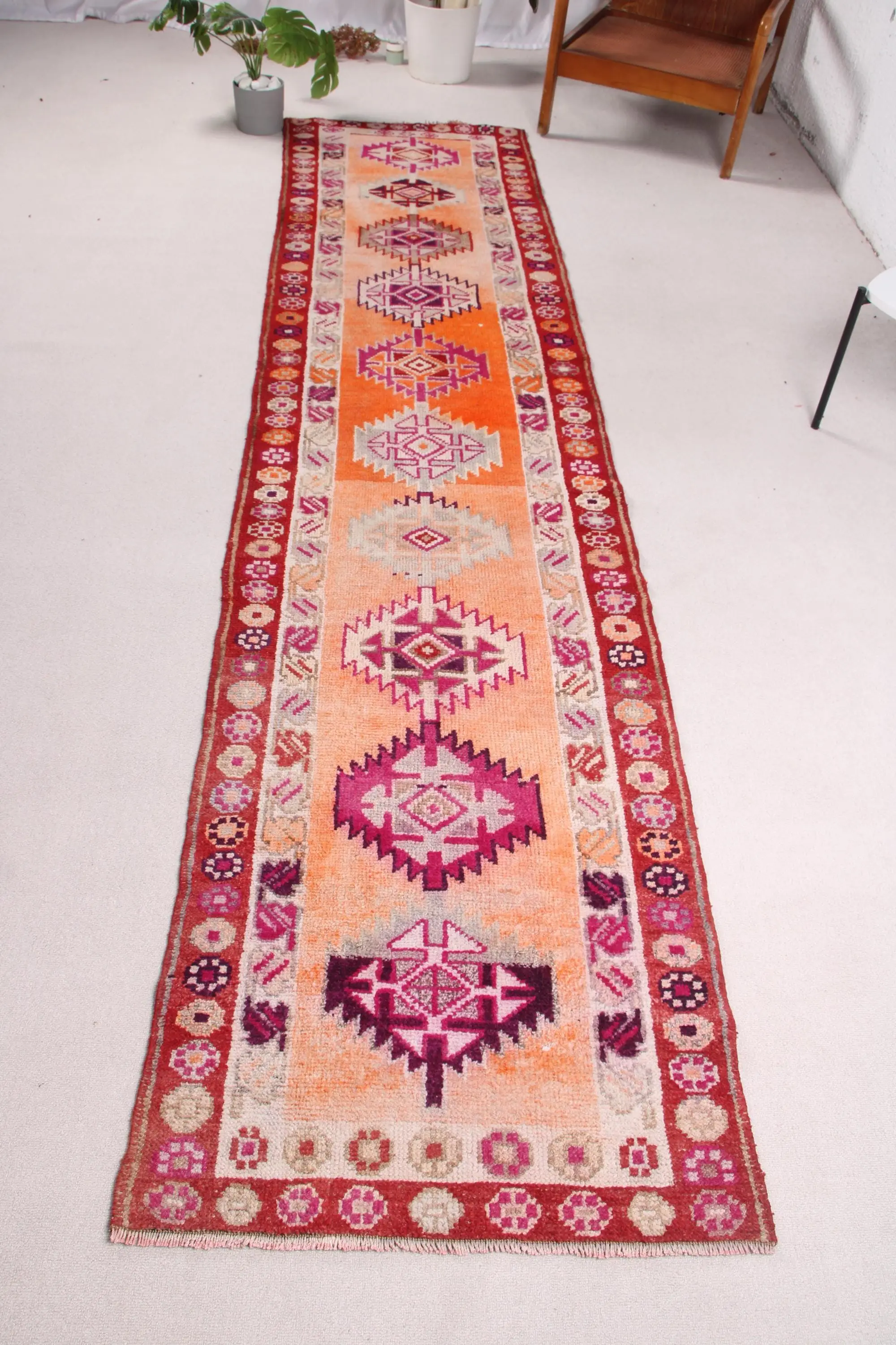 2.6x11.3 ft Turkish Runner Rug, Red Orange Vintage Floral Wool Rug - 1