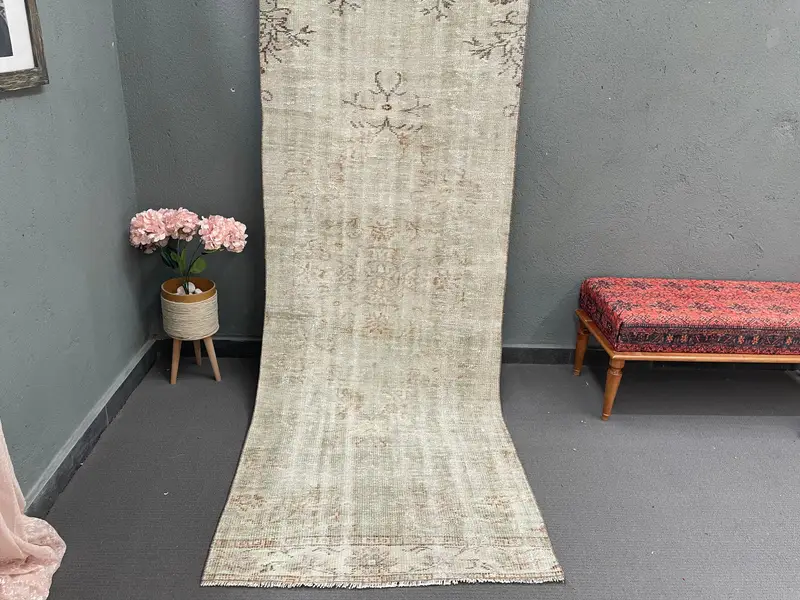 3.3x9.1 ft Rug, Runner Vintage Rug, Gray Oushak Animal Print Rug - 1