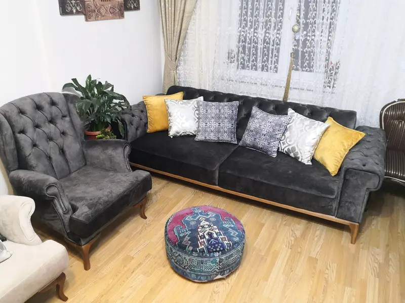 Handmade Kilim-Inspired Blue & Purple Pouf, 20x8 inch Rectangular Pouf