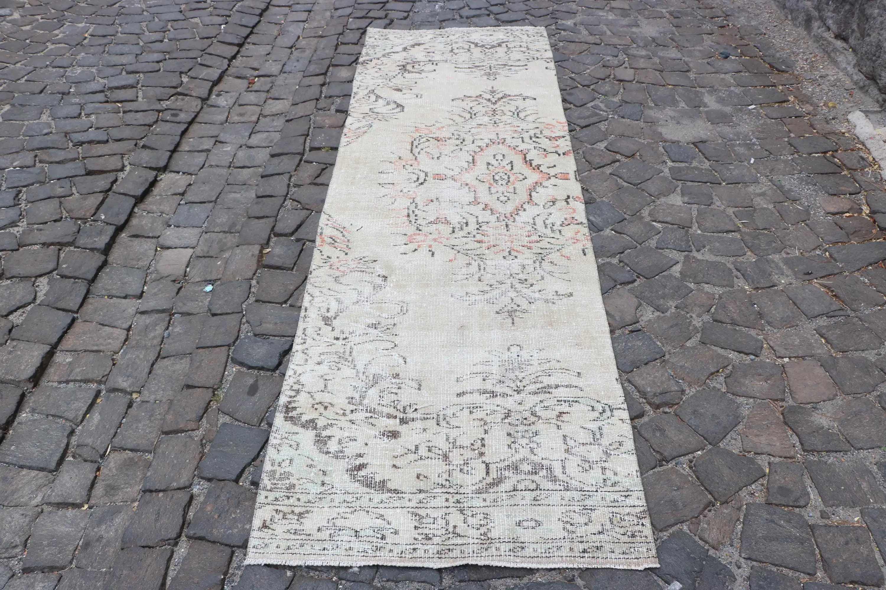 2.6x9.1 ft Turkish Runner Rug, White Brown Vintage Ikat Wool Rug - 1