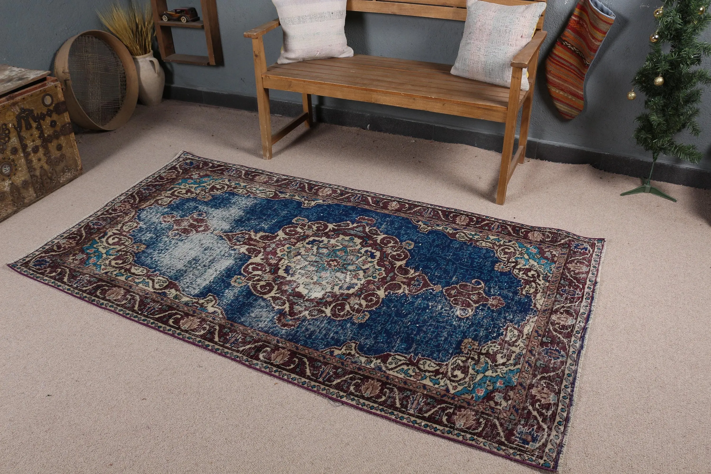 Turkish Vintage Rug 3.8x6.9 ft (115x209 cm), Blue Brown Animal Print Rug - 1