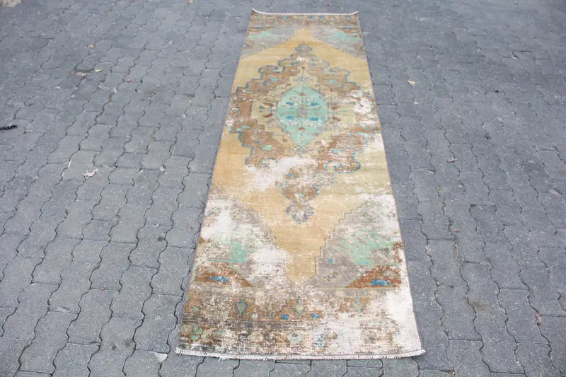 Vintage Oushak Runner Rug 2.5x8.8 ft (75x267 cm), Turkish Brown Patchwork Rug - 1