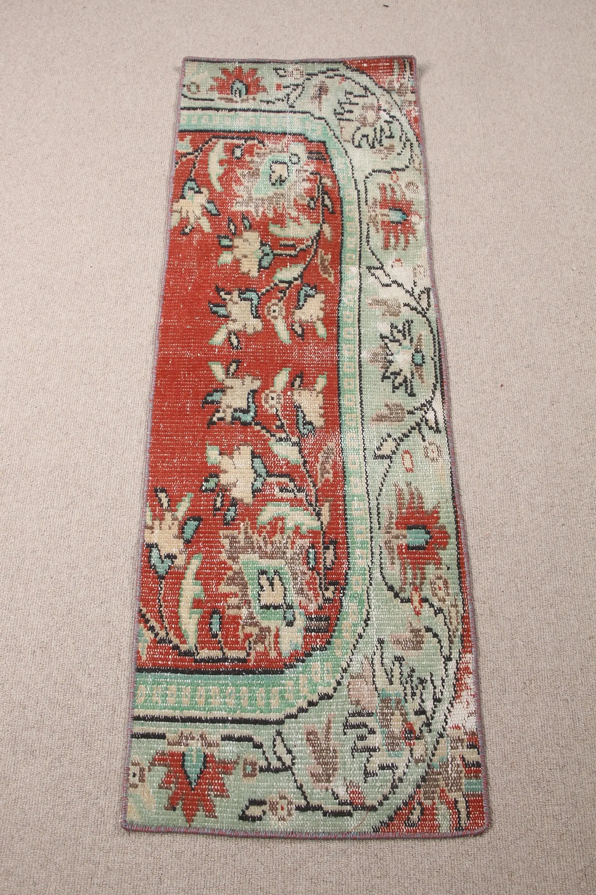 1.6x4.9 ft Vintage Rug, Turkish Small Rug, Red Green Rug - 1