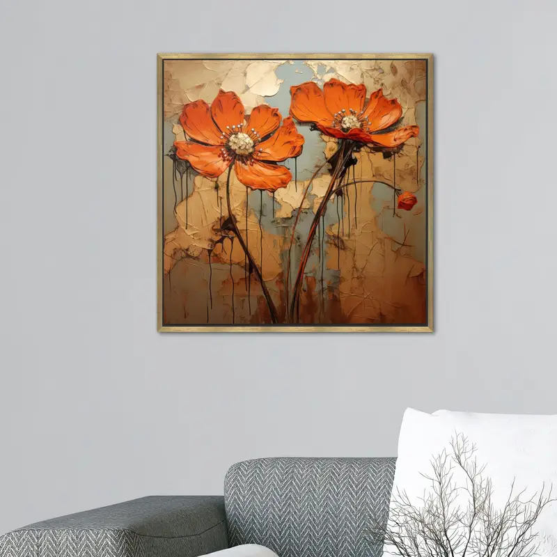 エレガントなデイジーとオレンジの花柄プリント キャンバス アート