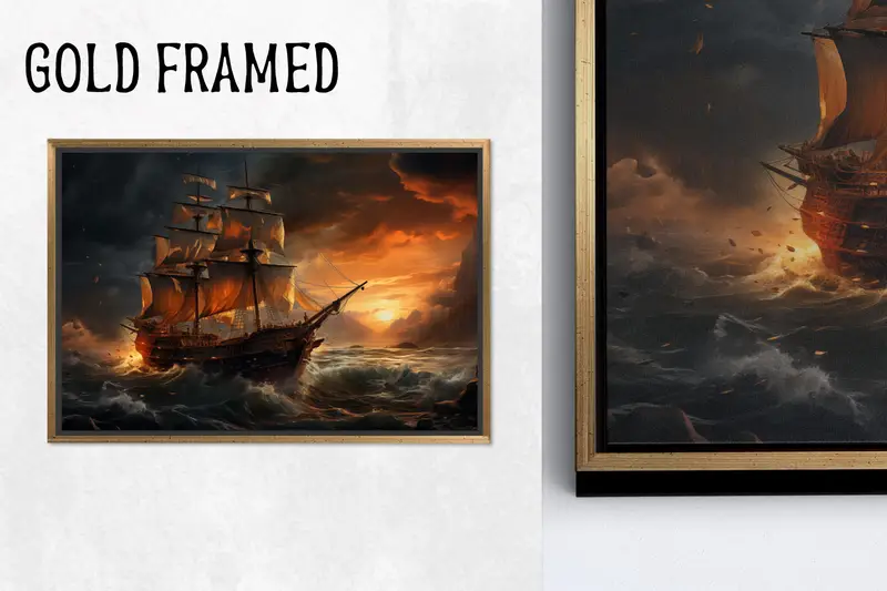 Tuval Baskı Büyüleyici Gün Batımı Deniz Korsan Fantezi Gemisi