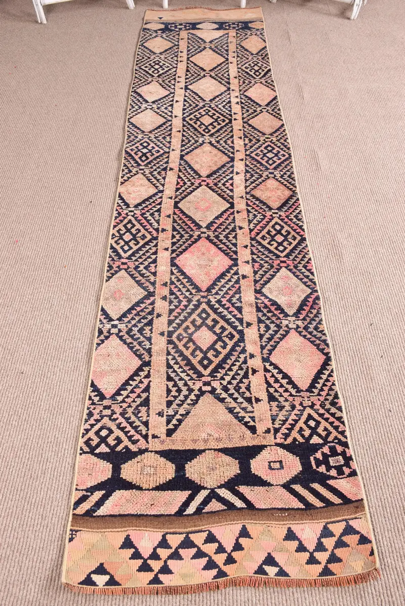 Herki Halı, 2.2x11 ft Vintage Halı, Mavi Çiçekli Halı Yün - 1