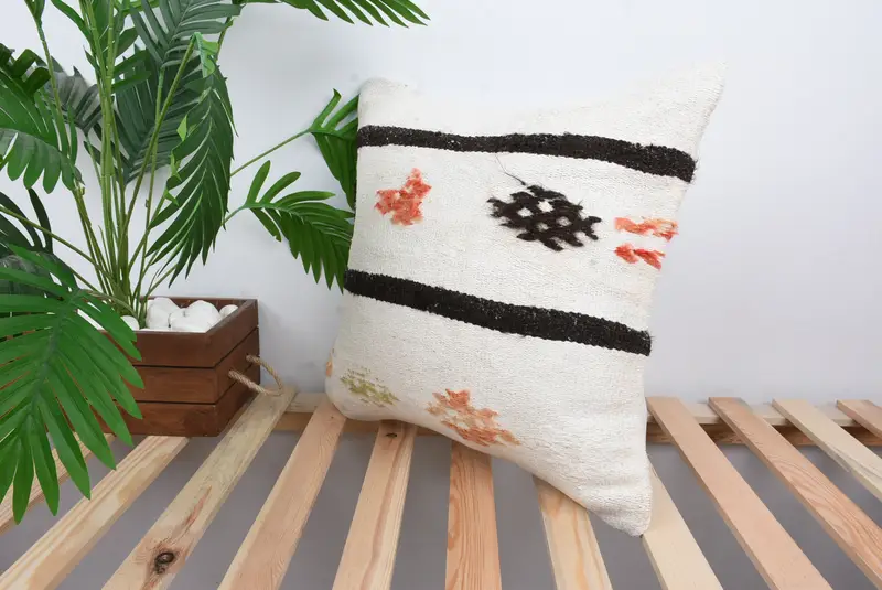 Interior Designer Pillow, Vintage Kilim Pillow, Ethnical Kilim Rug Pillow, 18x18 White Cushion Case, Turkish Bench Pillow Case, Cushion Case - 5