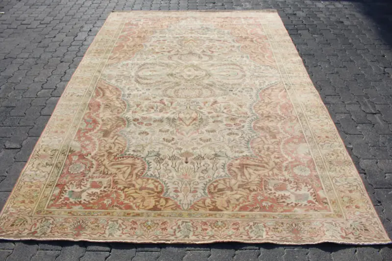 Alfombra turca vintage de 6,1x9,3 pies, alfombra de lana a cuadros marrón Oushak - 1