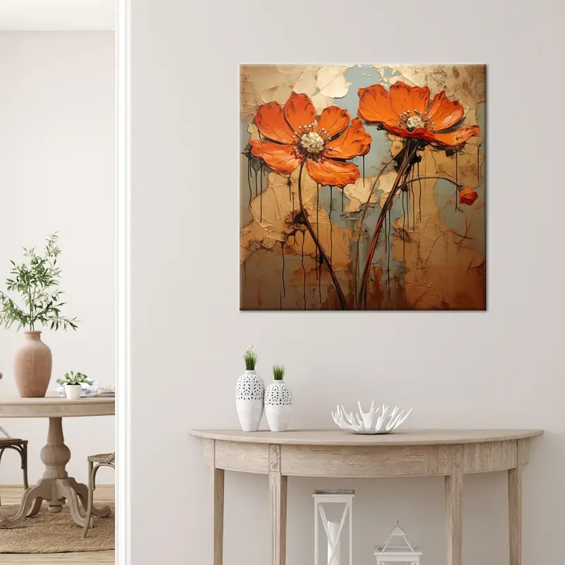エレガントなデイジーとオレンジの花柄プリント キャンバス アート