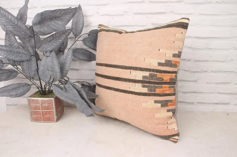 Knitted Cushion Cover, Kilim Cushion Sham, Bright Pillow Sham, Vintage Pillow, Boho Pillow Sham Cover, 18x18 Pink Cushion Case, Pillow - 4