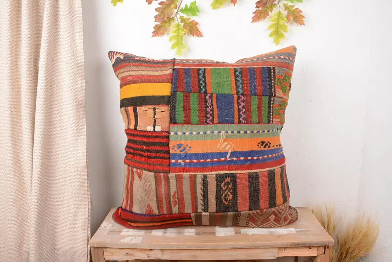 Red & Green Patchwork Throw Pillow, 28x28 Embroidered Vintage Pillow