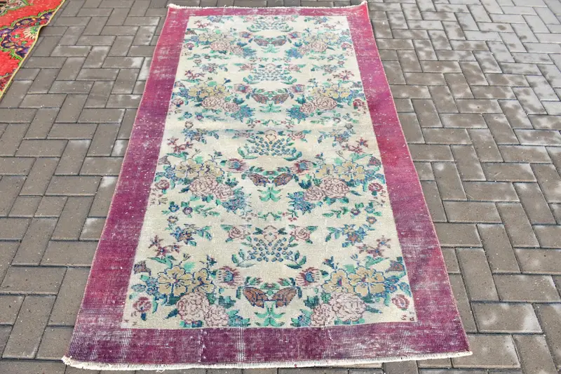 Türk Vintage Oushak Halısı 3,9x6,9 ft (119x211 cm), Kırmızı Fas Yün Halısı - 1