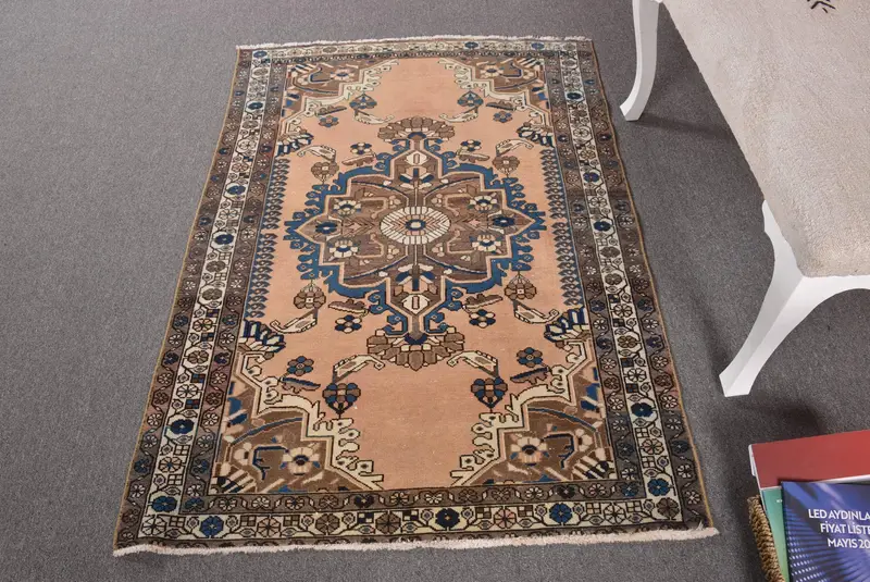 Vintage Accent Rug 3.3x4.7 ft (101x144 cm), Oushak Brown Moroccan Turkish Rug - 1