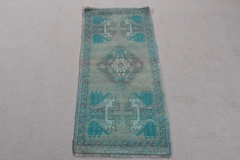 Oushak Vintage Halı, 1.7x3.6 ft Türk Halısı, Mavi Çiçekli Yün Halı - 1