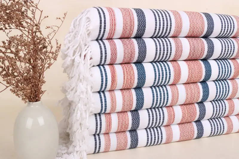 Navy Blue-Brick Cotton Striped Towel, Home Decor Gift, 36x71 Inches