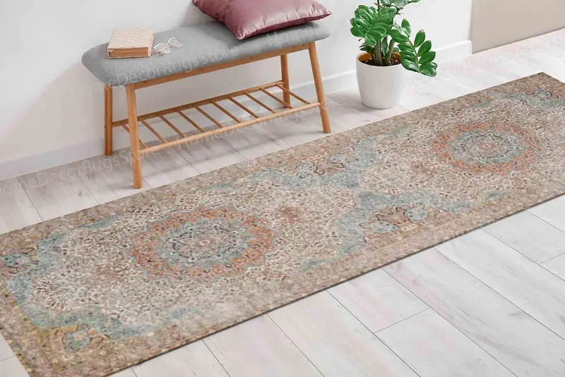 ブルーメダリオン花柄プリントラグ：ソフトトーン、モダンエレガンス