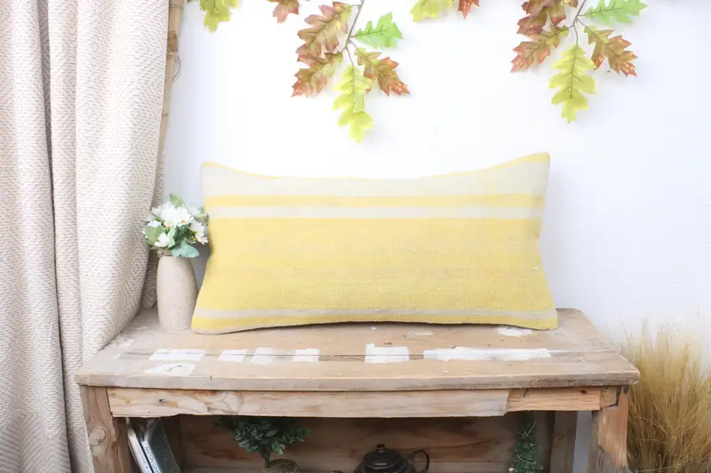 Turkish Bench Pillow, Kilim Pillow Cover, Gift Pillow, Knitted Cushion Cover, 12x24 Yellow Cushion Cover, Ethnical Kilim Rug Pillow, Pillow Cover - 1