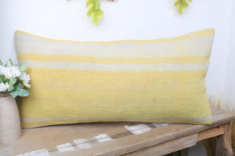 Turkish Bench Pillow, Kilim Pillow Cover, Gift Pillow, Knitted Cushion Cover, 12x24 Yellow Cushion Cover, Ethnical Kilim Rug Pillow, Pillow Cover - 4