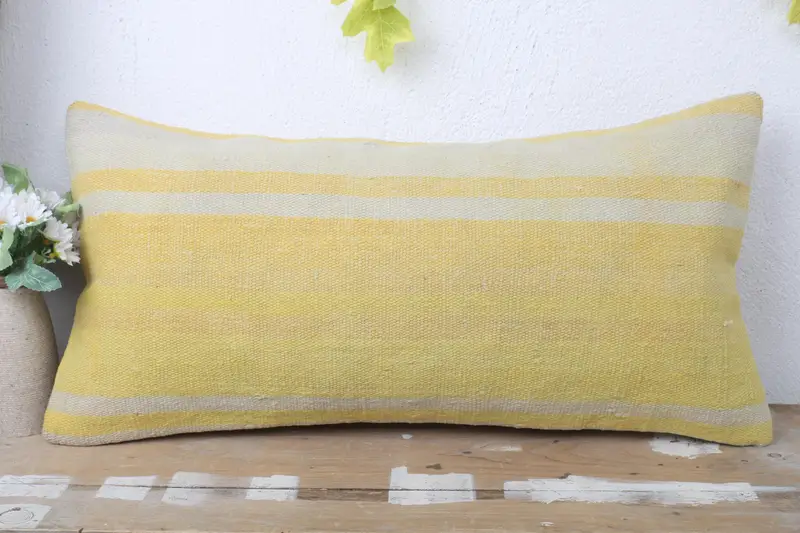 Turkish Bench Pillow, Kilim Pillow Cover, Gift Pillow, Knitted Cushion Cover, 12x24 Yellow Cushion Cover, Ethnical Kilim Rug Pillow, Pillow Cover - 2