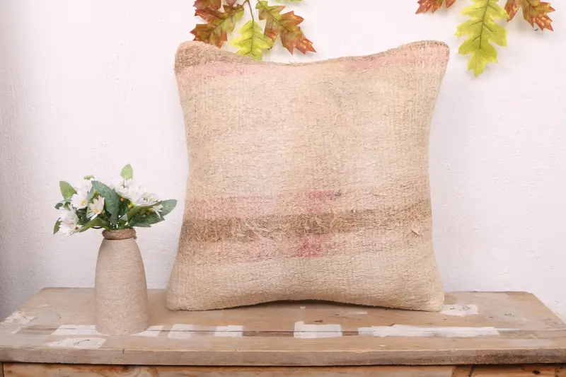 16x16 Beige Pillow Case, Cushion Case, Turkish Kilim Pillow, Antique Pillows, Outdoor Pillow, Kilim Pillow Cover, Tribal Cushion - 1