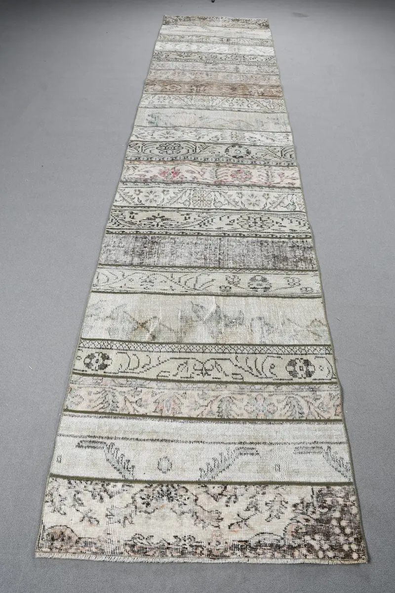 2.9x13.2 ft Turkish Vintage Rug, Runner Rug, White Oushak Animal Print Rug - 1