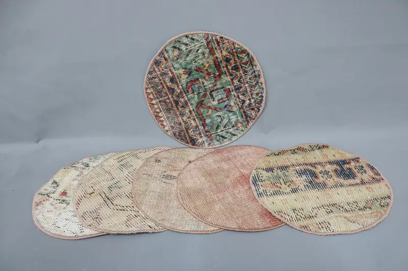 Bohemian Blue & Pink Circle Placemats, Cotton & Wool Table Decor