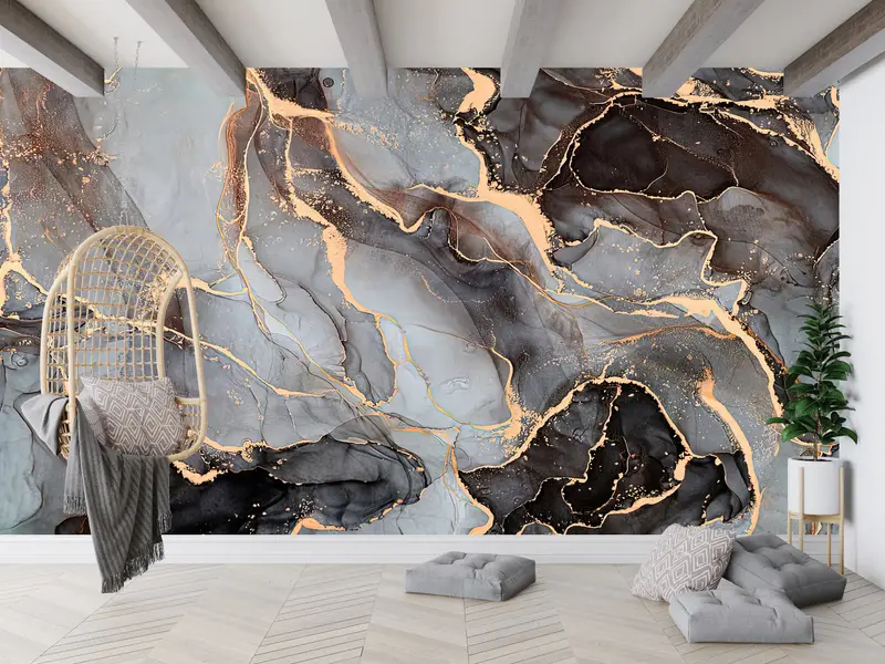 Zarif Baskılı Lüks Mermer Duvar Kağıdı: Gri, Altın, Siyah Pırıltılı