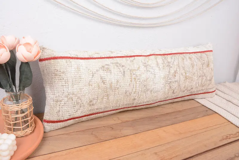 Beige & braunes Patchworkkissen, Vintage besticktes Wurfkissen