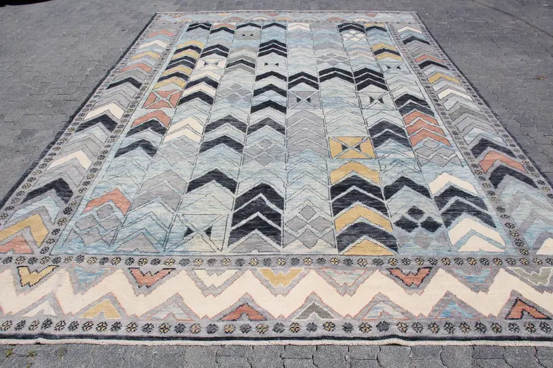 9.5x13.6 ft Oushak Vintage Rug, Blue Turkish Rug Wool - 1