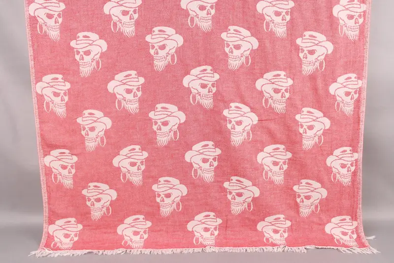 Personalized Skull Patterned Beach Towel, Red Organic Cotton, 40x71 Inches