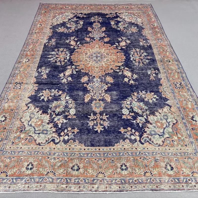 ブルー モロッコ ラグ、0.7x12.2 フィート、オレンジのアクセント付き