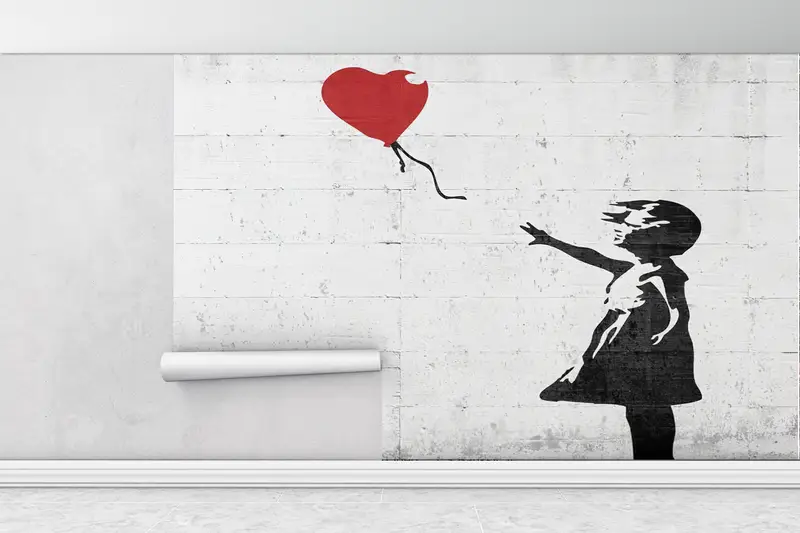 Banksy Wandkunst, zeitgenössisches Wandbild, Mädchengraffiti -Wanddruck, Red Abbllon Graffiti Wandmalerei, abstrakte Wanddekoration, Maldekoration - 1