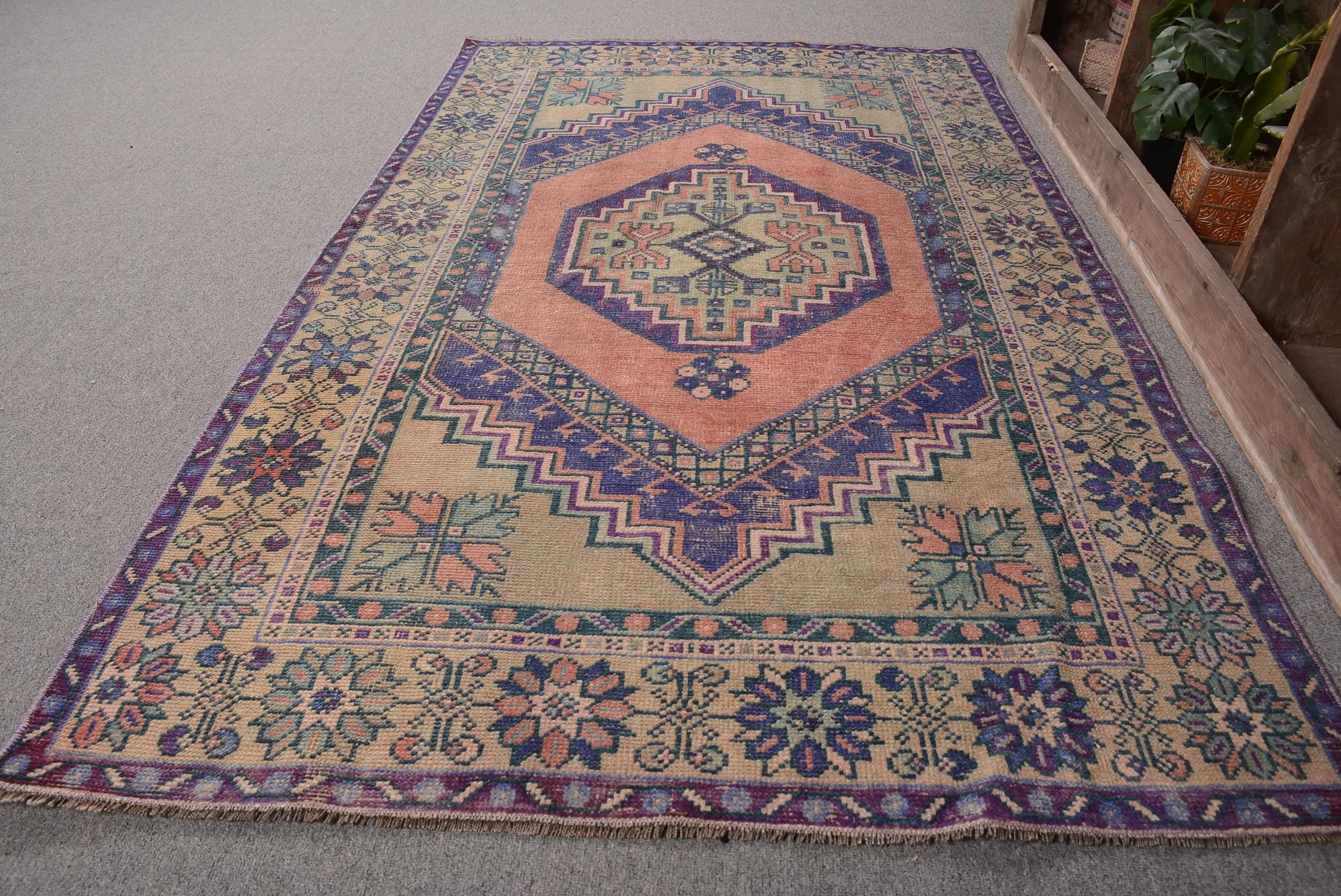 Vintage Türk Halısı, 3.6x6.1 ft Accent Halı, Mavi Bitkiler ve ağaçlar Halı - 1