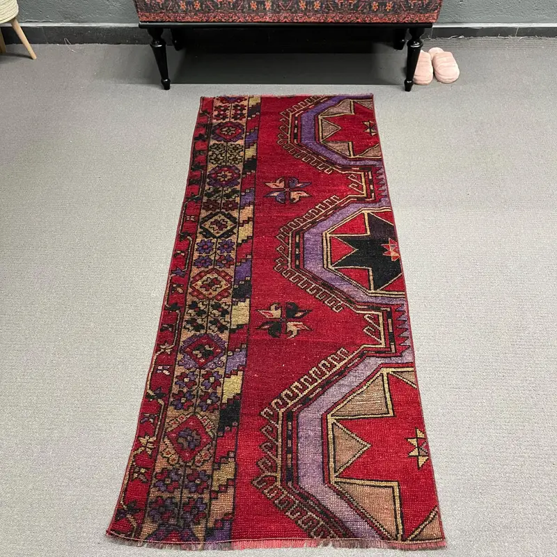 Vintage 2.6x6.1 ft Rug, Oushak Turkish Rug, Red Plants & trees Wool Rug - 1