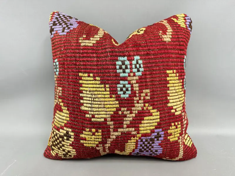 Boho Pillow, Cushion Cover, Sustainable Cushion Cover, 20x20 Red Pillow Case, Seat Cushion, Kilim Pillow, Vintage Kilim Pillow, Toss Cushion Case - 1