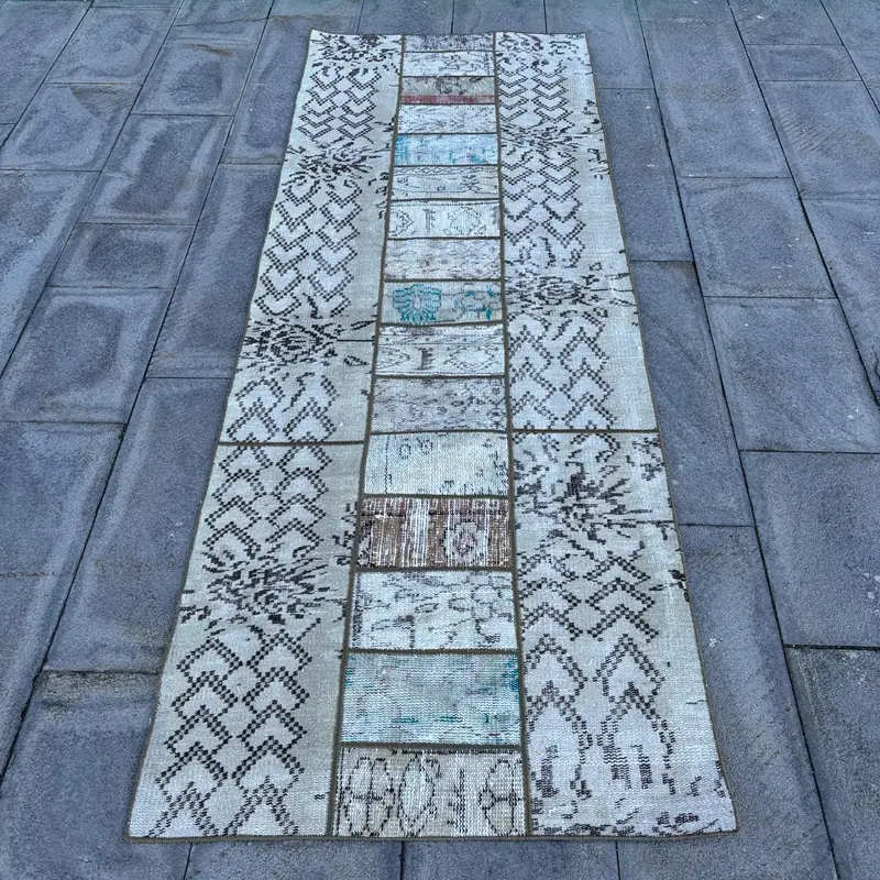 Turkish Runner Rug 2.9x7.9 ft, Gray Blue Abstract Rug Wool - 1