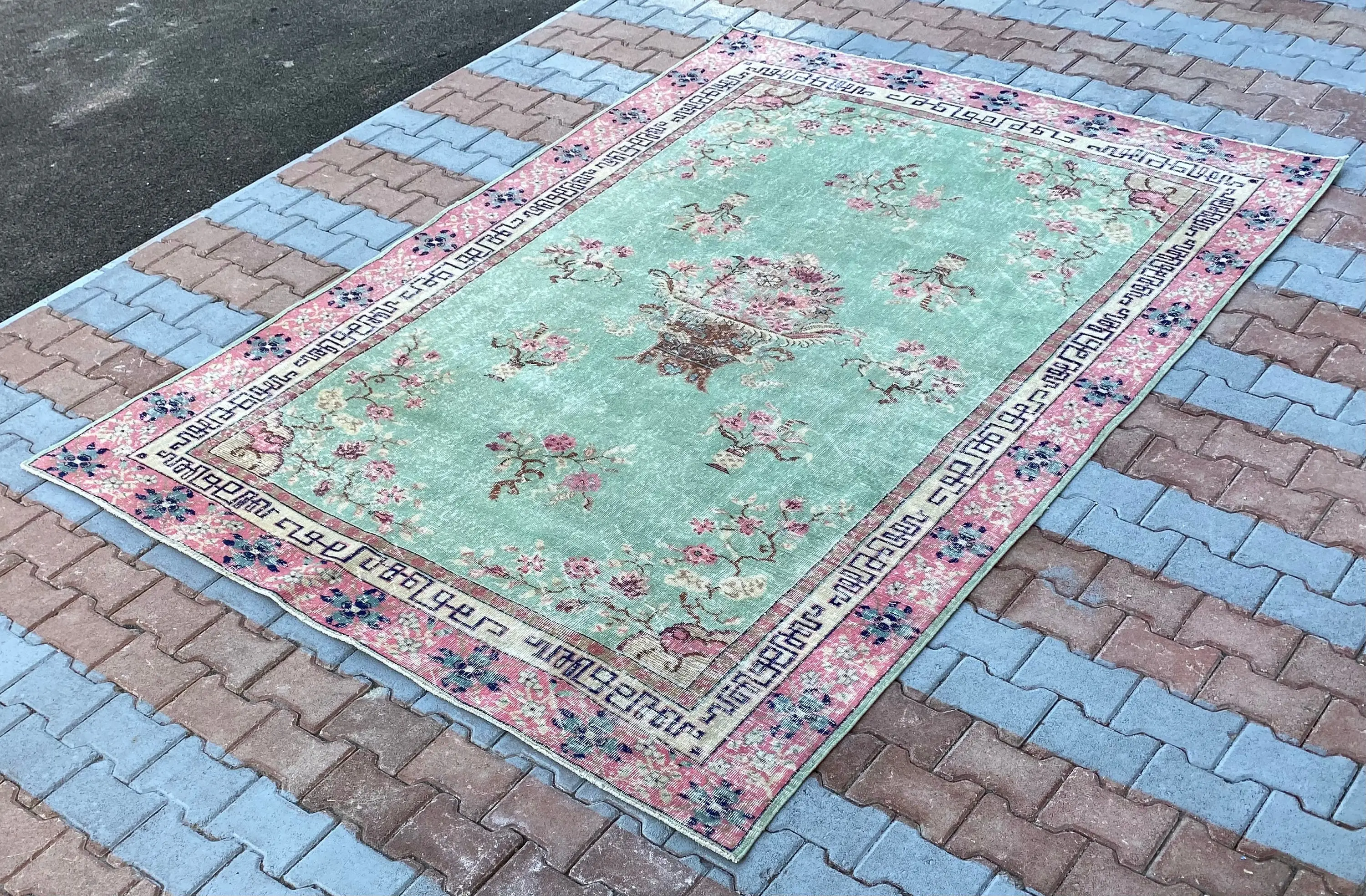 Vintage Türk Halısı 6.6x9.4 ft, Yeşil Çiçekli Halı - 1