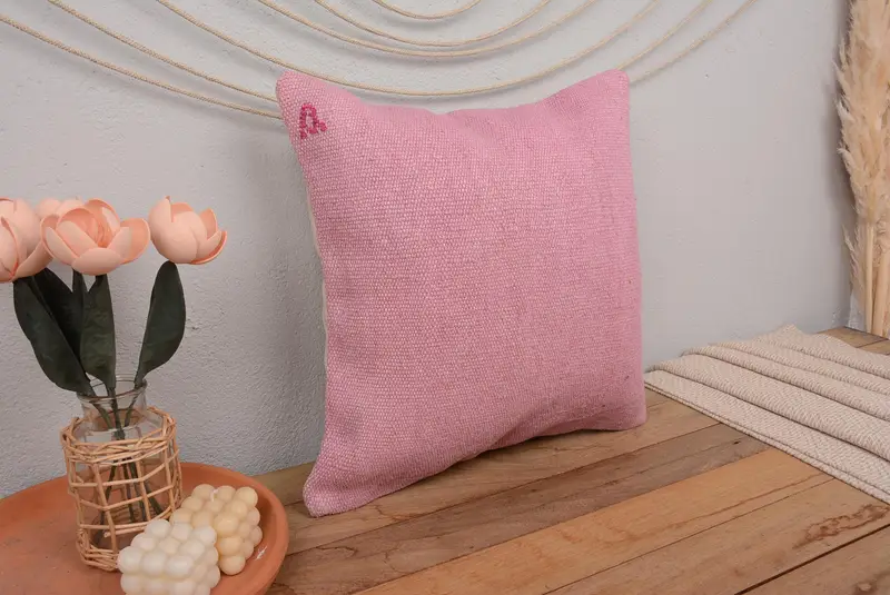 Ethnical Kilim Rug Pillow, Vintage Kilim Throw Pillow, Pillow Sham, Throw Kilim Pillow, Vintage Kilim Pillow Pillow Case, 18x18 Pink Cushion Case - 1
