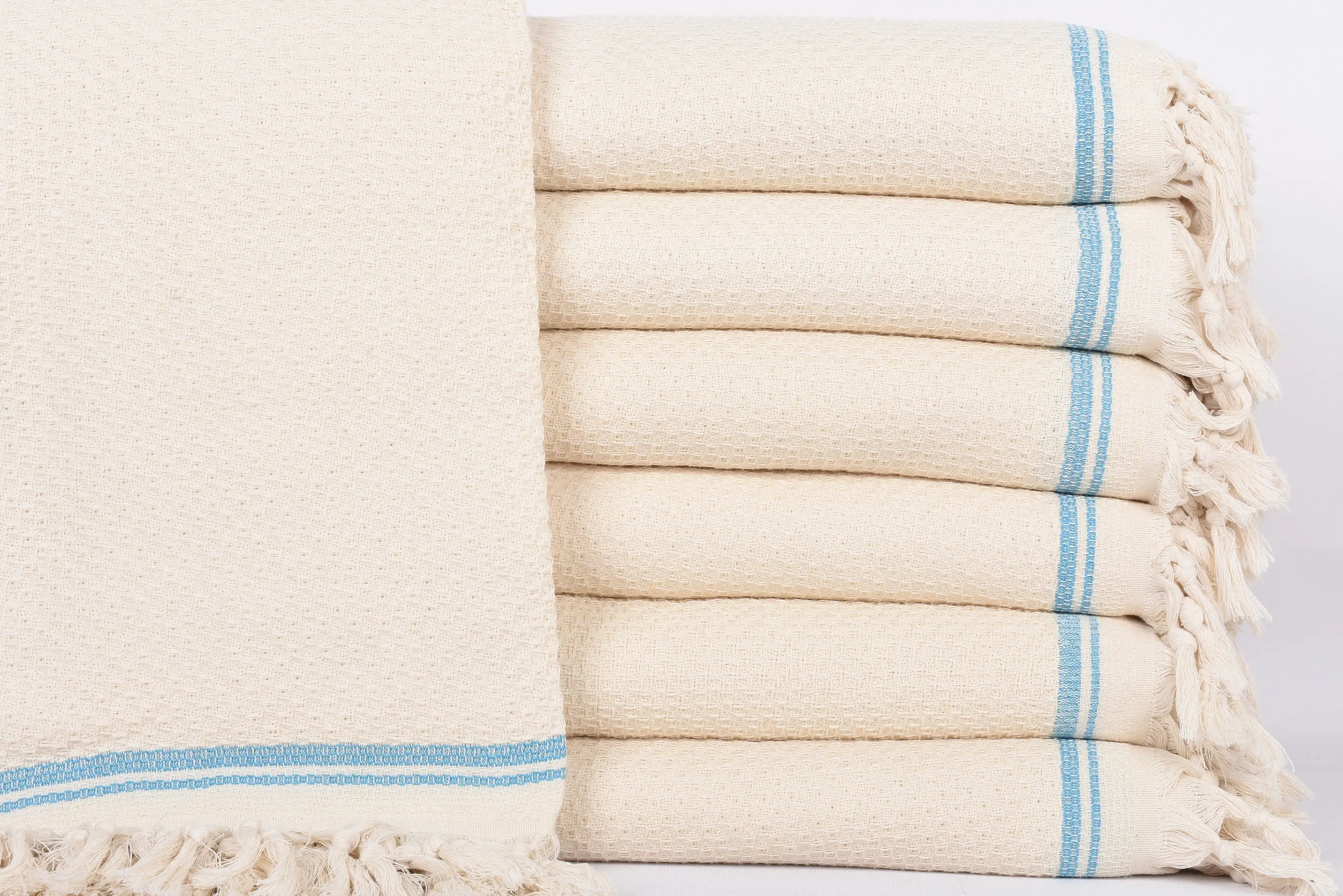 Turkish Cotton Monogram Turquoise Striped Throw, 93x91 Inches - 1