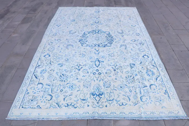 7.2x11.1 ft Rug, Turkish Vintage Rug, Blue Animal Print Wool Rug - 1