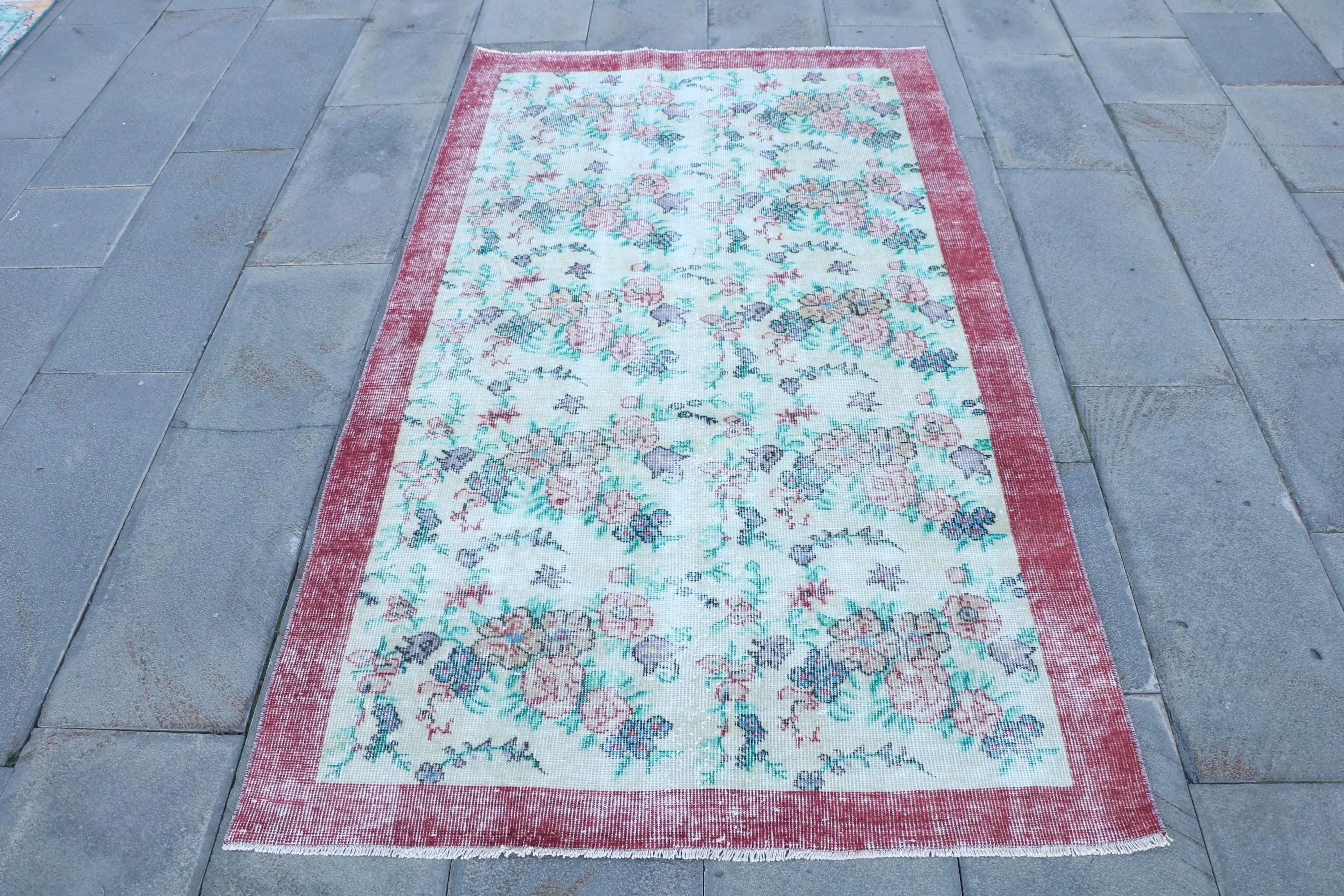 3.7x6.6 ft Turkish Rug, Vintage Area Rug, Red White Floral Rug - 1