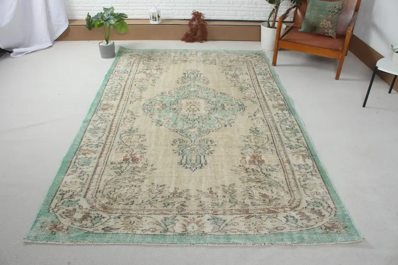 Vintage Turkish Rug, 5.3x8.4 ft Oushak Rug, Green Brown Floral Wool Rug - 1
