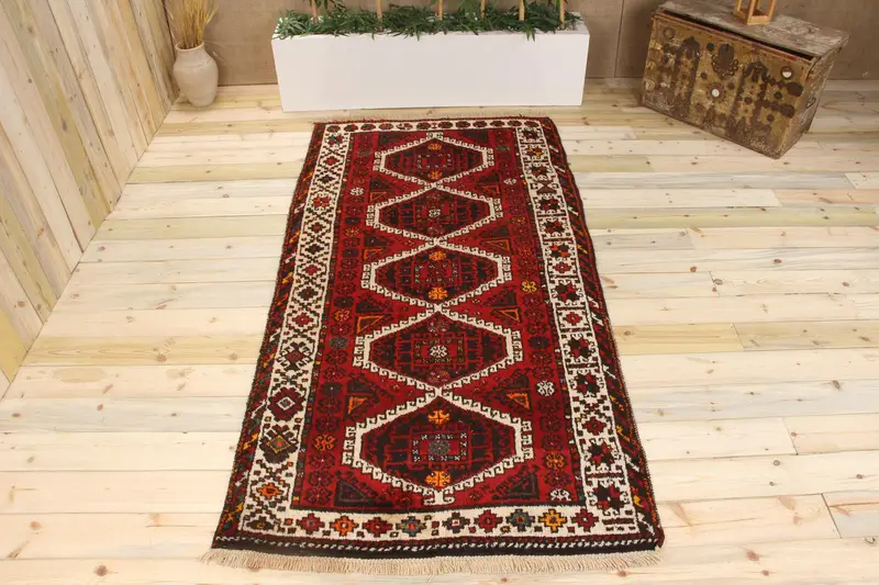 ハンドメイドレッド&ベージュラグ、0.3x7.8フィート花柄&幾何学模様