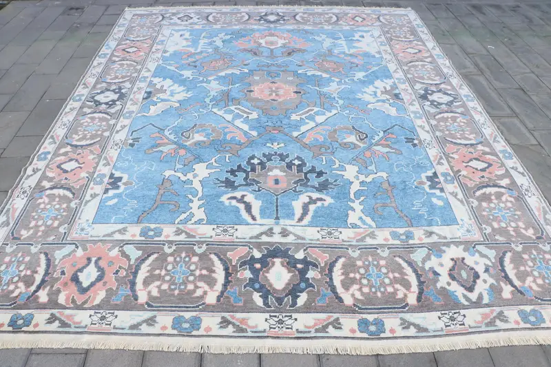 Zarif Bej ve Mavi Halı, 13x16 ft Şık Kareli Tasarım