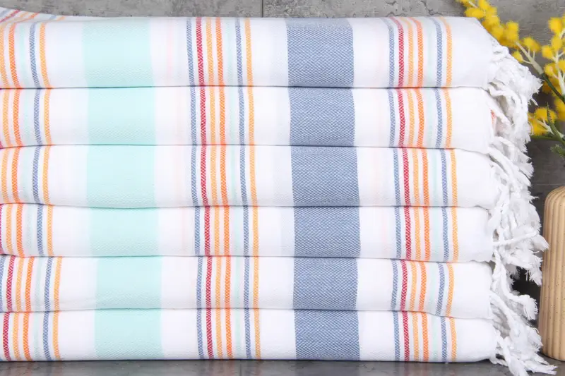 Turkish Bath Towel Red-Mint Striped Organic Cotton, 38x75 Inches