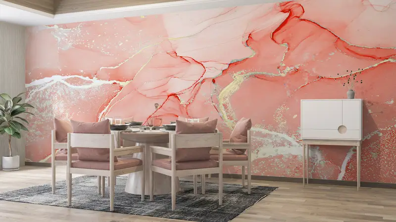 Eleganter korallenroter Marmor-Goldschimmernder Luxus-Tapetendruck