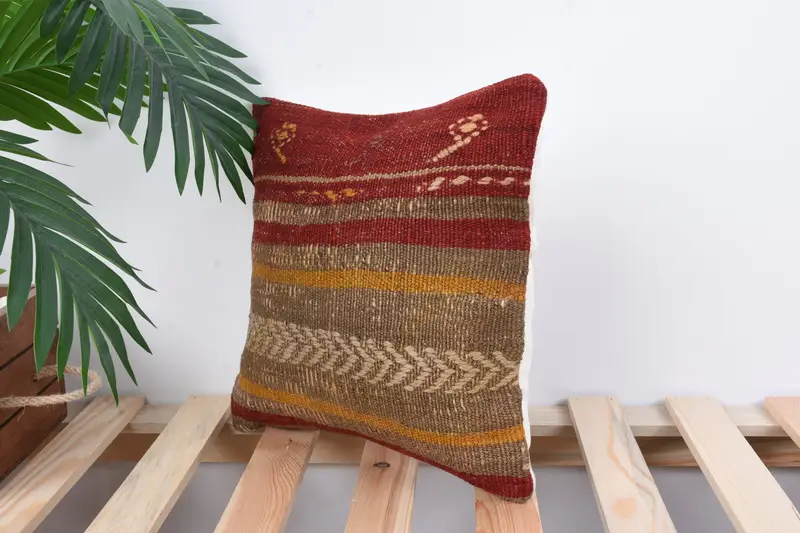 Pillow for Couch, Kilim Cushion Sham, Cushion, 12x12 Red Pillow, Colorful Pillow Case, Knitted Pillow, Tribal Cushion Case, Antique Pillows - 5